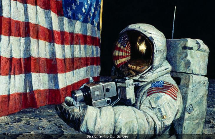 An astronaut straightens the American flag on the moon's surface.