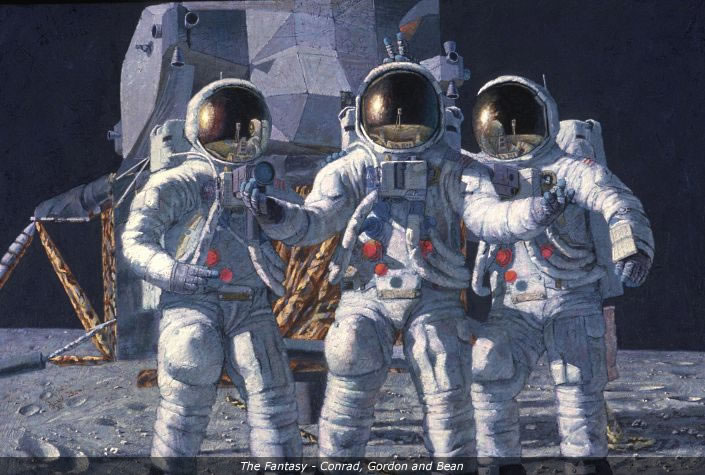 A painting showing three astronauts on the lunar surface with the lunar lander behind them.