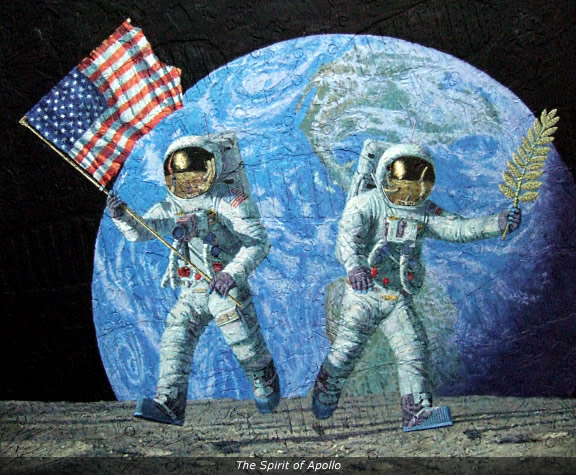 Bean's painting of two astronauts are running on the surface of the Moon with the Earth in the background. Neil Armstrong carrys an American flag and the Aldrin holds a gold olive branch.