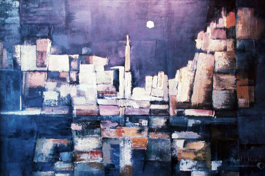 An abstract painting composed of a black background and showing a rocket lifting off. An irregular grid pattern of yellows, oranges, and white representing the blast of the rocket's engines. The full moon is high in the sky.