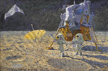 A painting of two astronauts on the lunar surface standing in front of the lunar lander. One of them is throwing a piece of foil into the air.