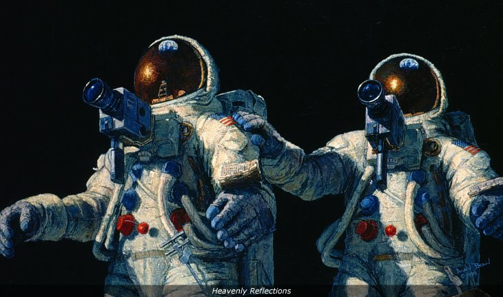 Painting 'Heavenly Reflections' by Alan Bean showing an astronaut on the moon with the Earth reflected in their visor